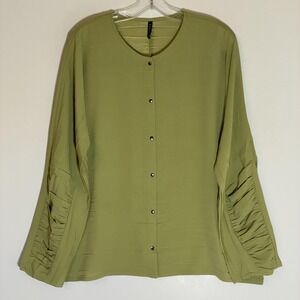 Babette Shirt Womens XL Green‎ Microfiber Snap Front Pleated Sleeve Blouse Top